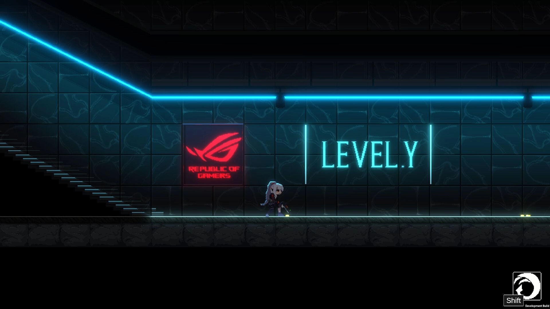 Project Revenant: Pixel soldier stands in neon corridor beside LEVEL.Y sign and ROG logo panel.