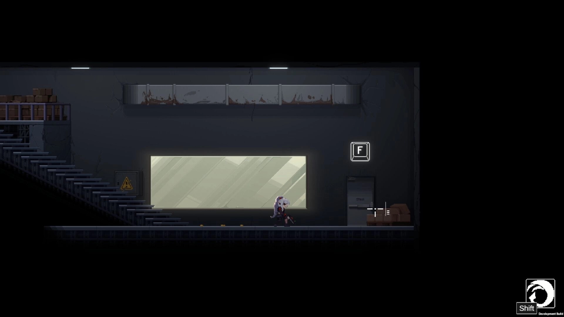 Project Revenant: Player character stands by a door prompt, crosshair aimed in a dim lab corridor.