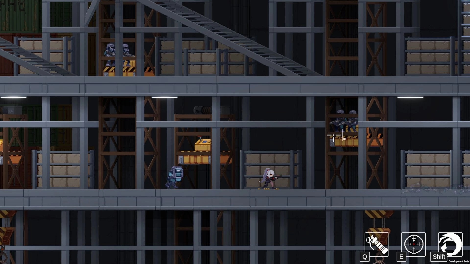 Project Revenant: White-haired soldier aims rifle at armored foes in a multi-level industrial facility corridor.