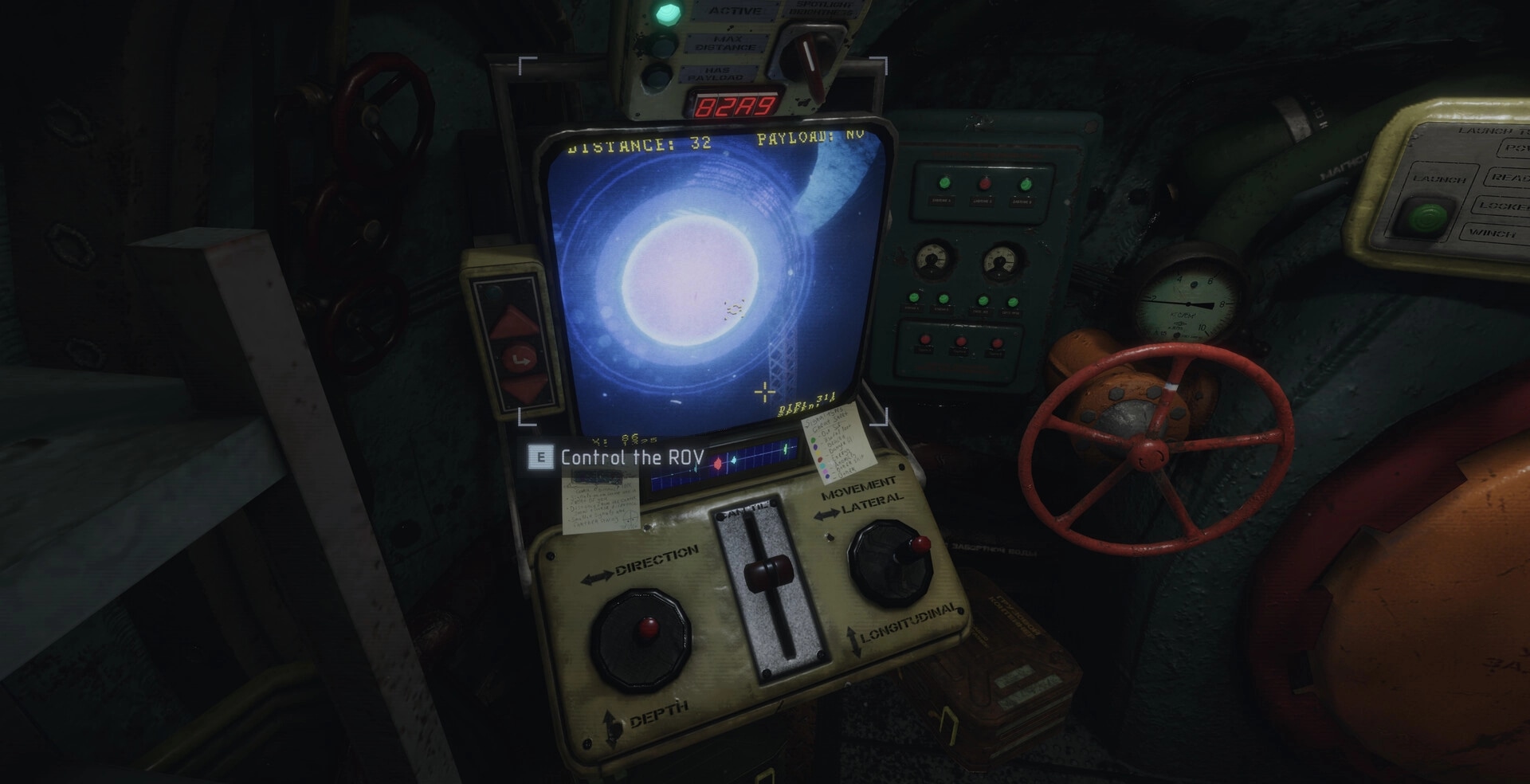 Project SEVER: Submarine control panel with ROV interface and navigation controls in dimly lit cabin.
