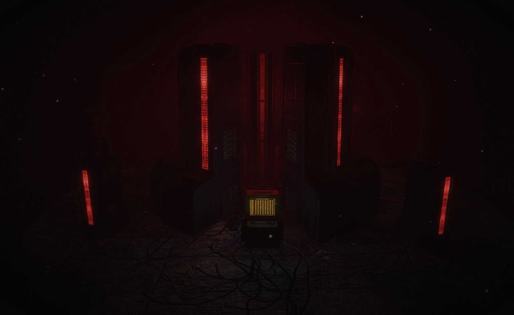 Project SEVER: Central control room with glowing red panels and a terminal displaying data in darkness.