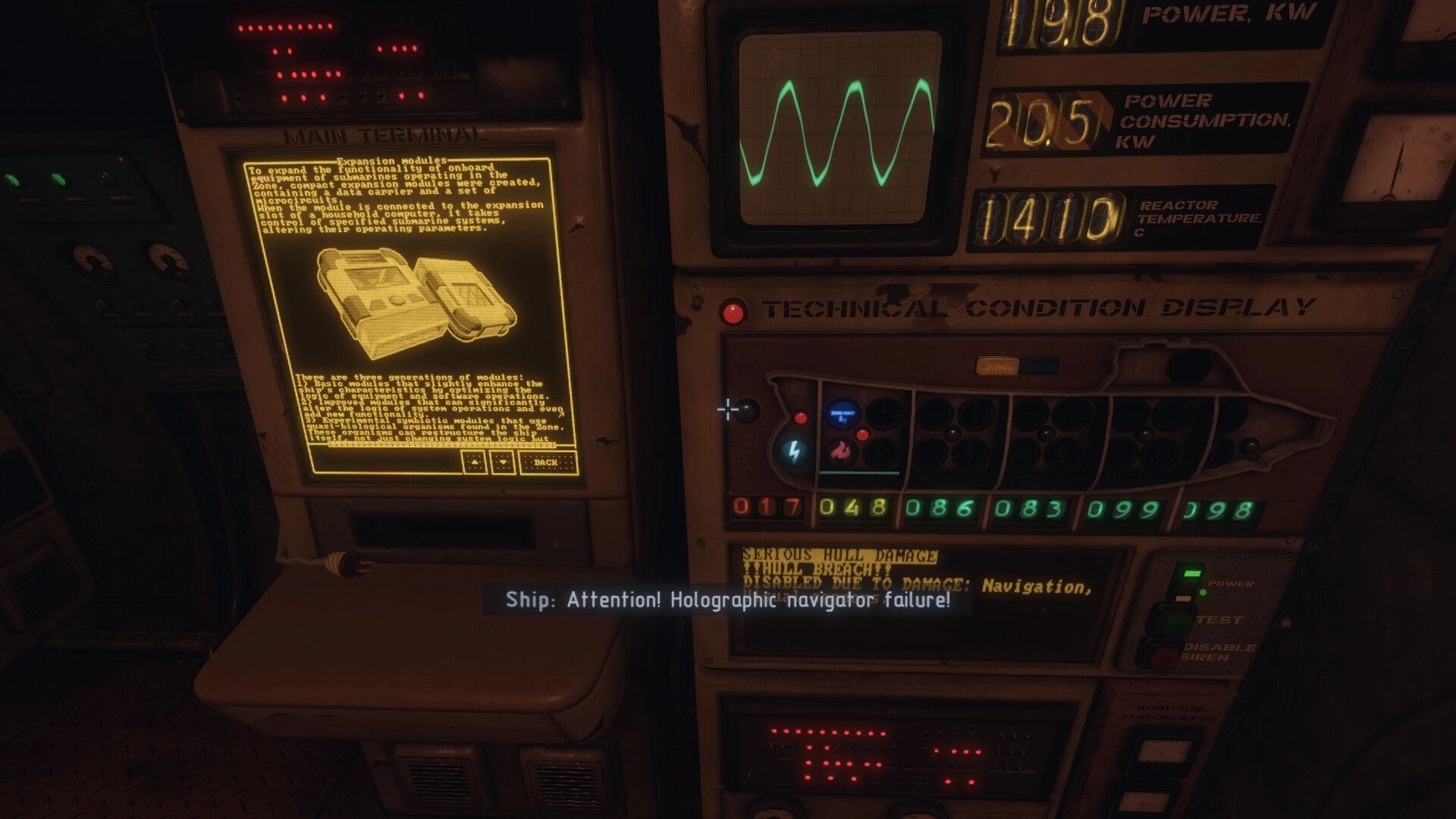 Project SEVER: Main terminal with technical displays and warning of holographic navigator failure in submarine