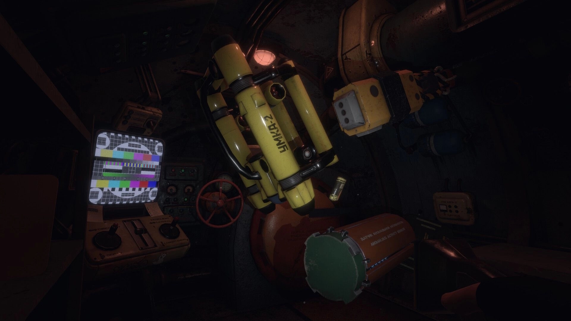 Project SEVER: Submarine interior with control panel, test pattern screen, and yellow machinery