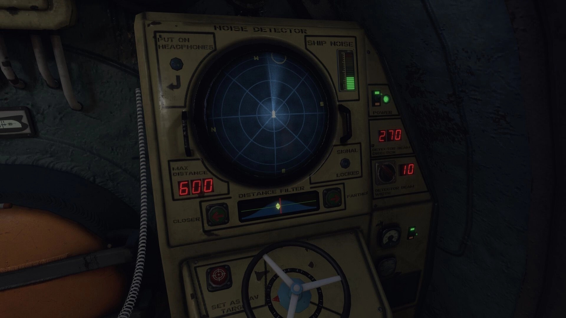 Project SEVER: Noise detector interface with radar and distance filter in submarine control room.