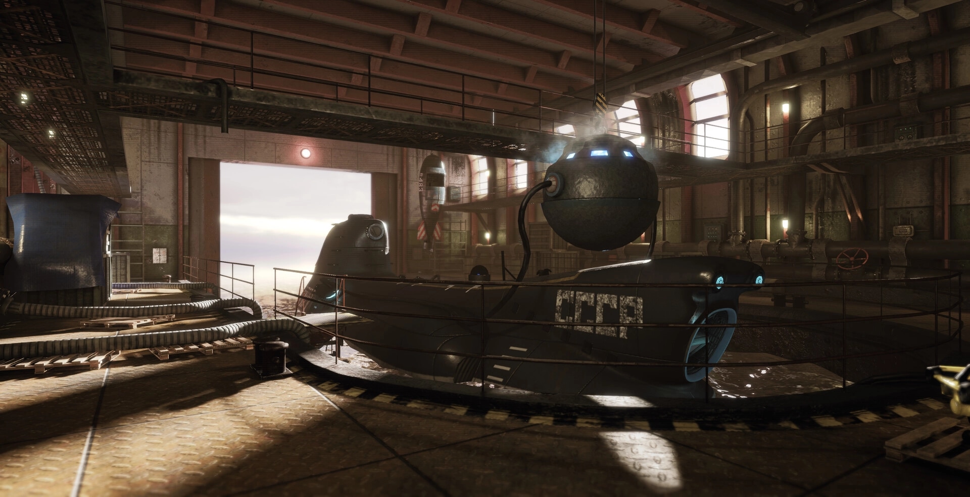 Project SEVER: Submarine docked in dimly lit industrial hangar with pipes and machinery around