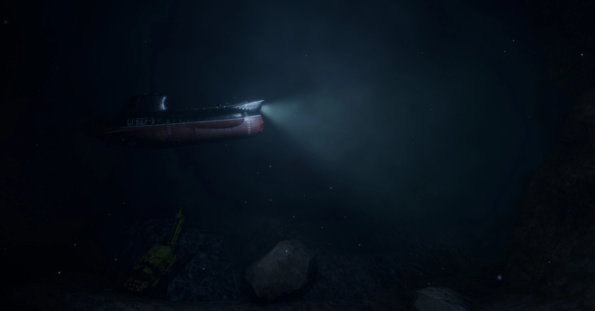 Project SEVER: Submarine navigates dark, eerie underwater environment with rocky terrain and debris visible.