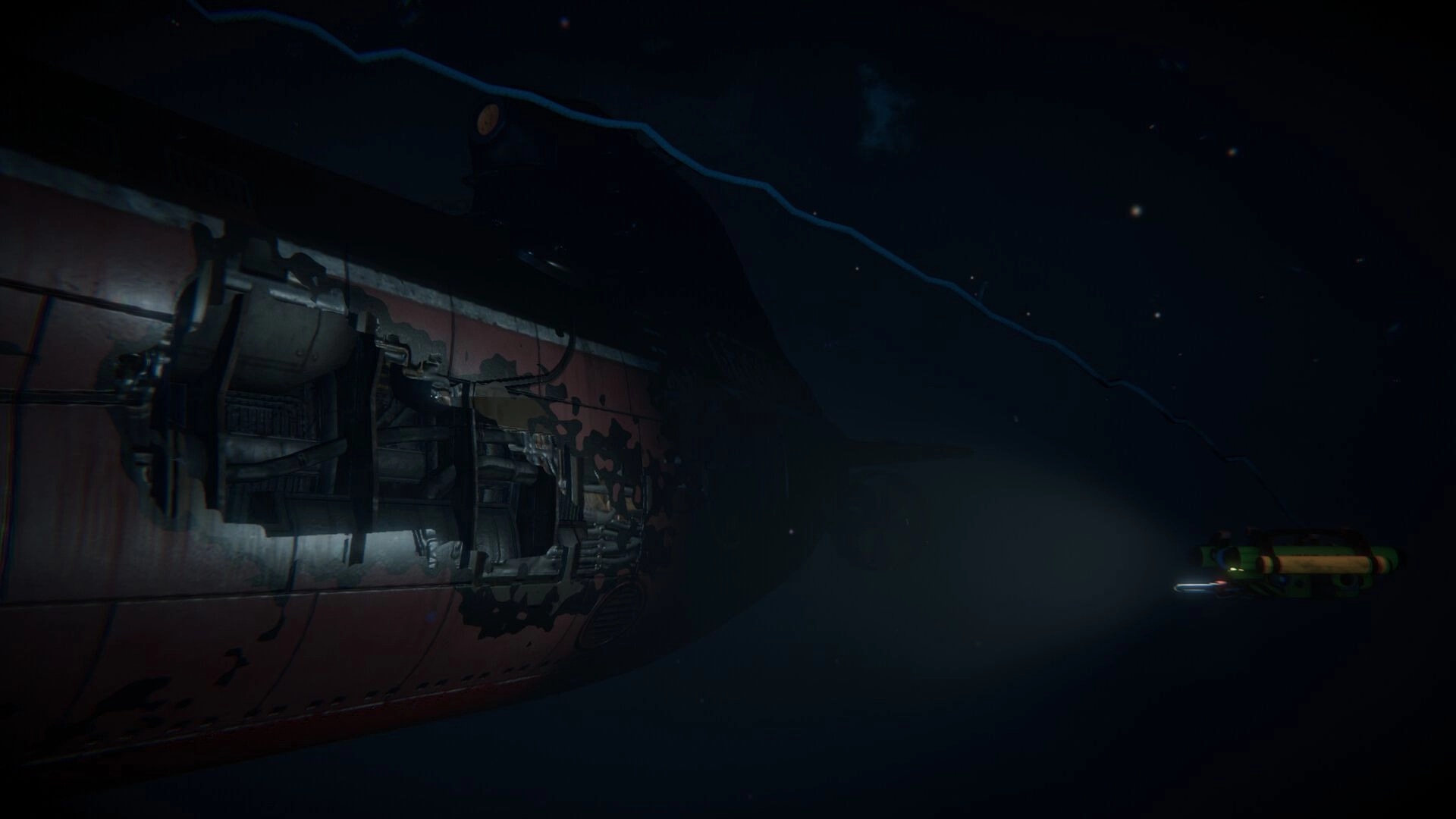 Project SEVER: Damaged submarine hull in deep ocean, small submersible approaching in dark waters