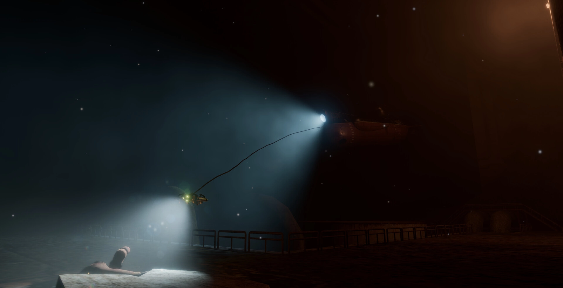 Project SEVER: Submarine's searchlight illuminating underwater creature in dark, mysterious ocean depths