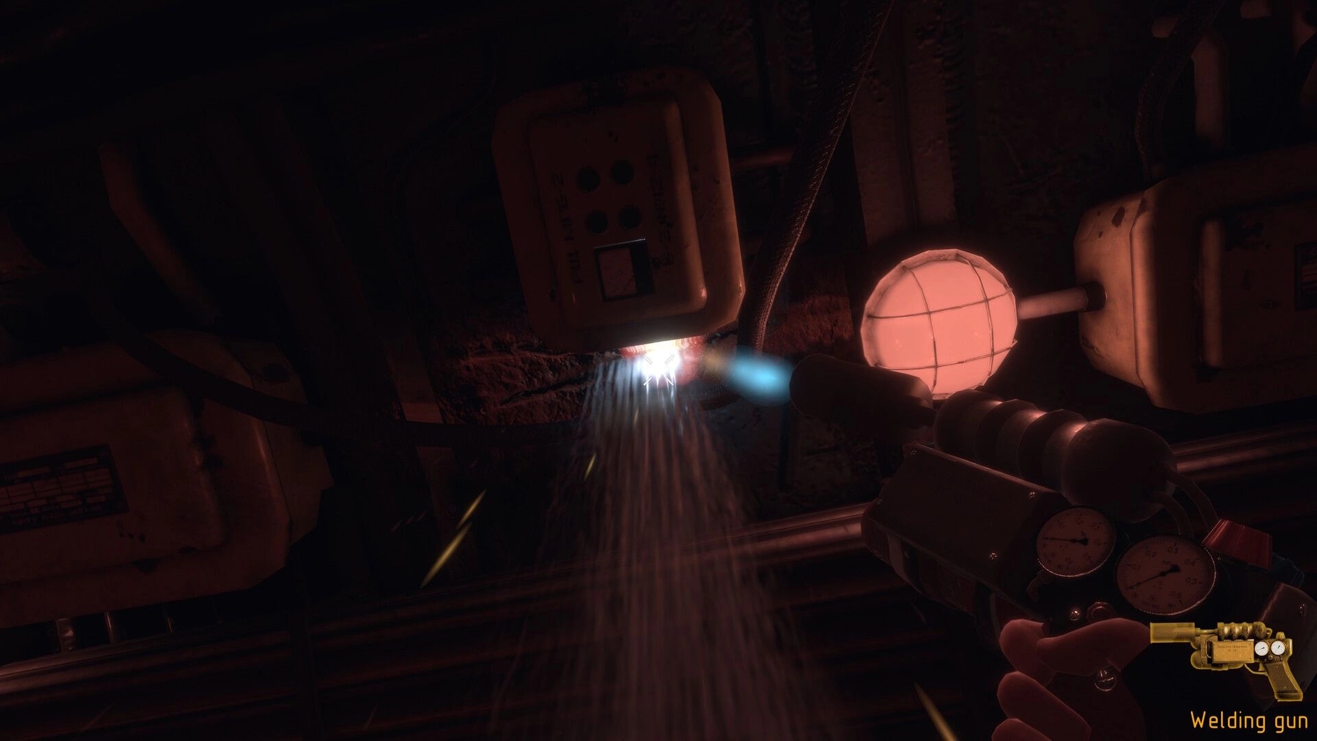 Project SEVER: Player uses a welding gun to repair submarine controls in dimly lit mechanical room.