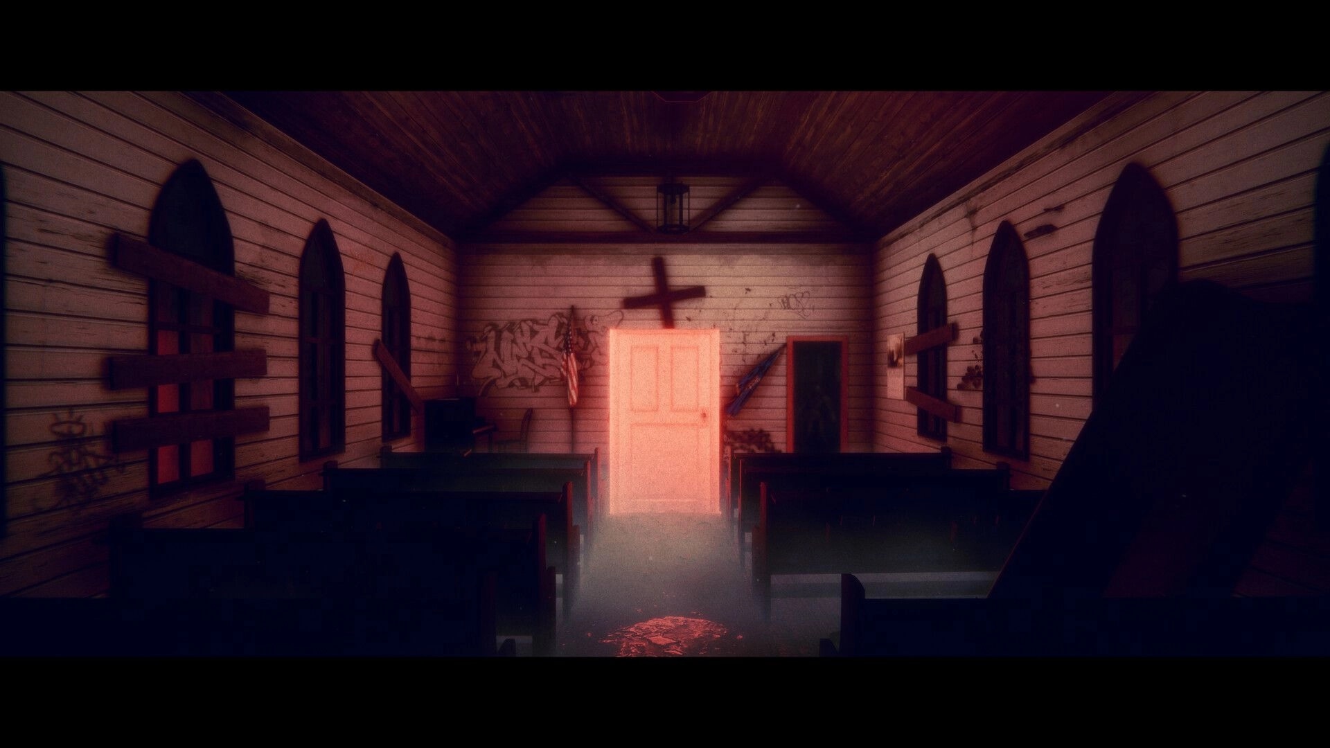 Project Songbird: Abandoned chapel interior with eerie lighting and boarded windows in Appalachian forest