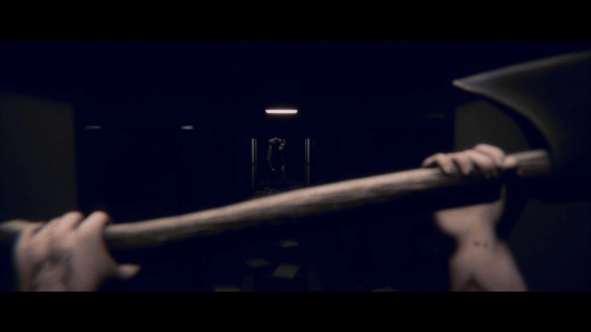 Project Songbird: Dakota holds an axe in a dark hallway, facing a shadowy figure in the distance
