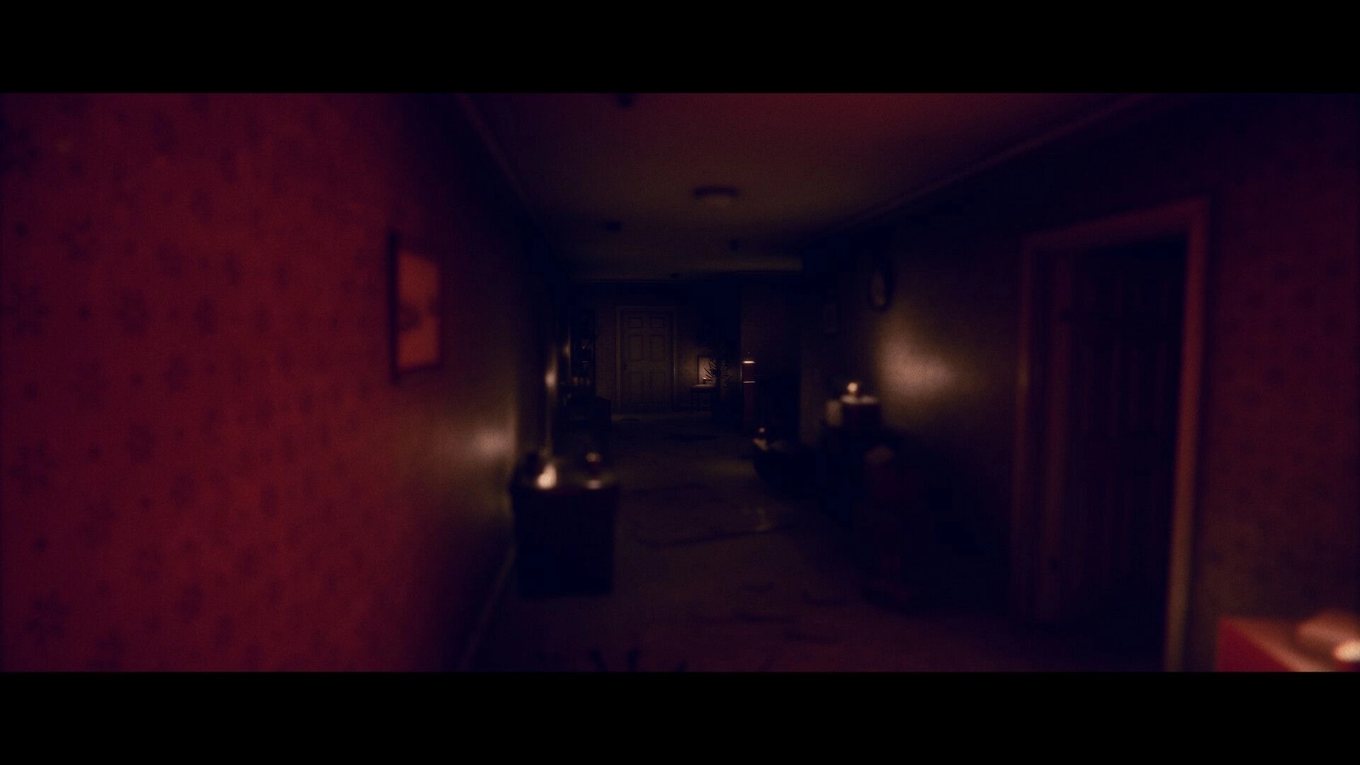 Project Songbird: Dimly lit hallway with warm lighting and closed doors in a mysterious log cabin setting