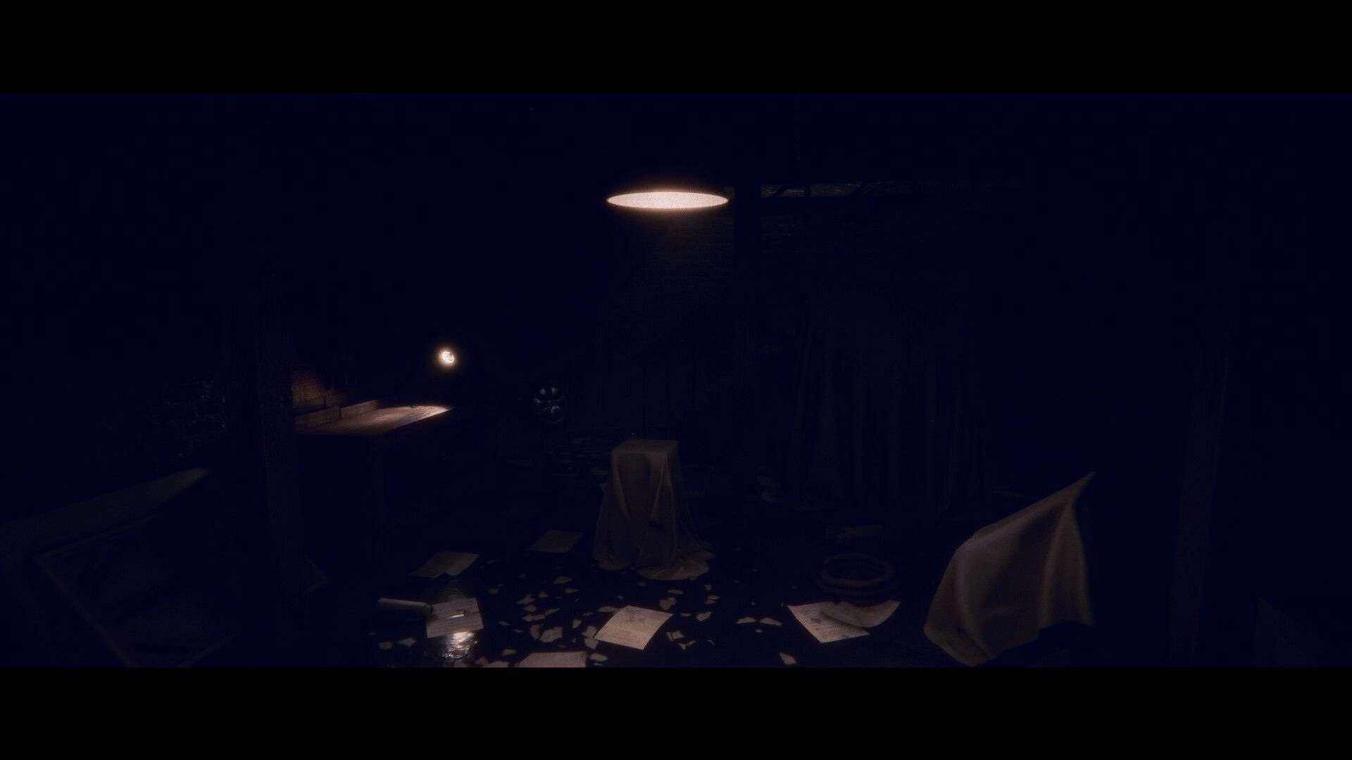 Project Songbird: Dimly lit cabin interior with scattered papers and covered furniture in darkness