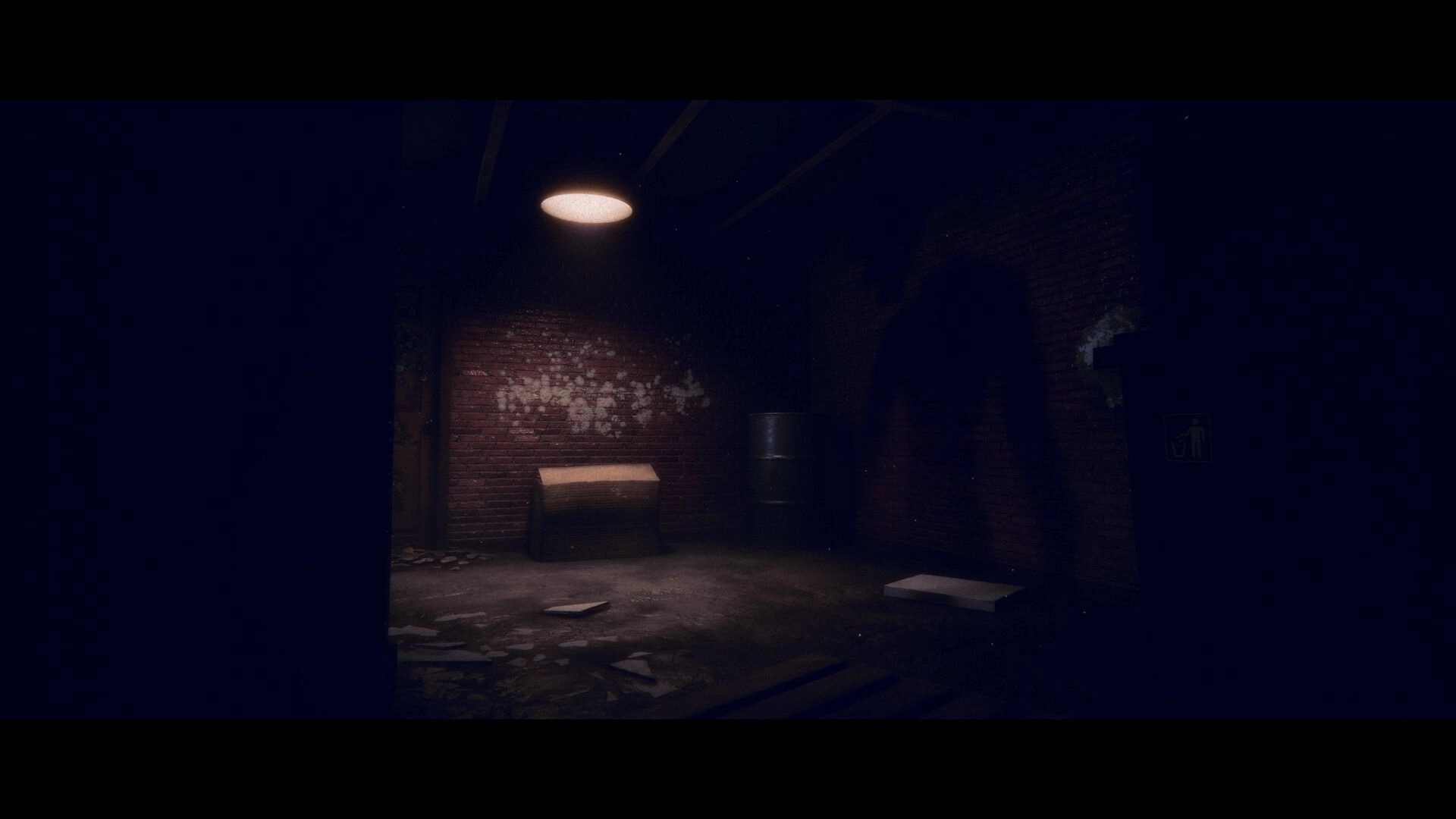 Project Songbird: Dark basement with eerie shadows, a barrel, and a dim overhead light in log cabin