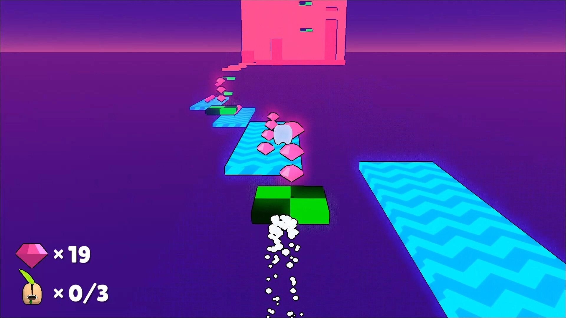 Project Timbre: Timbre collects pink gems while jumping on platforms in a vibrant, abstract landscape.