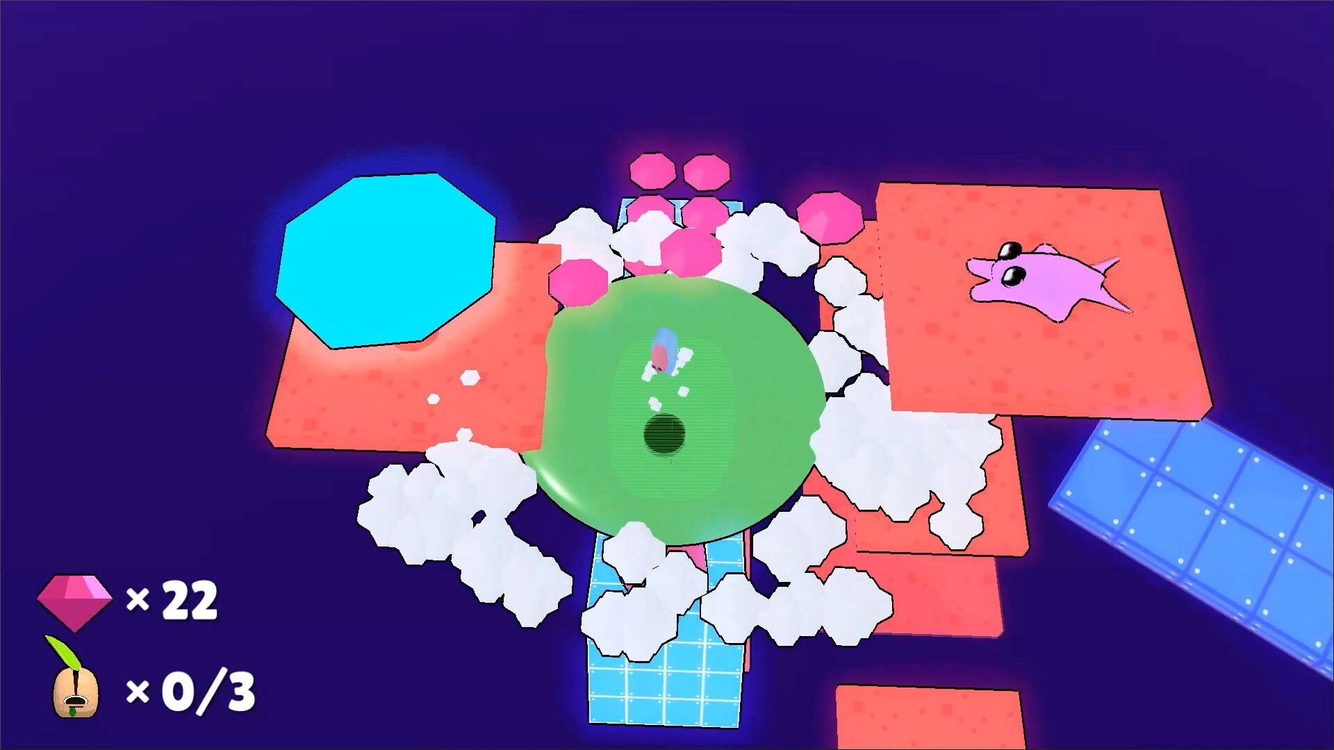 Project Timbre: Timbre jumps on enemies collecting power gems in a vibrant purple platforming world