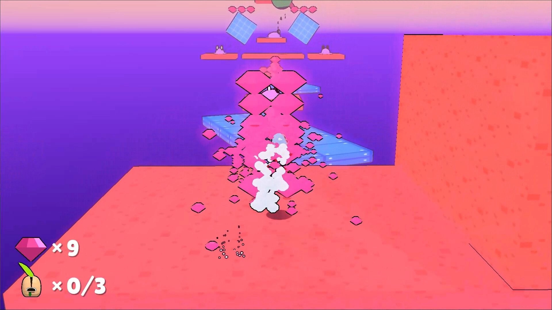 Project Timbre: Timbre dashes through pink gems on a bright platform with UI showing gem count.