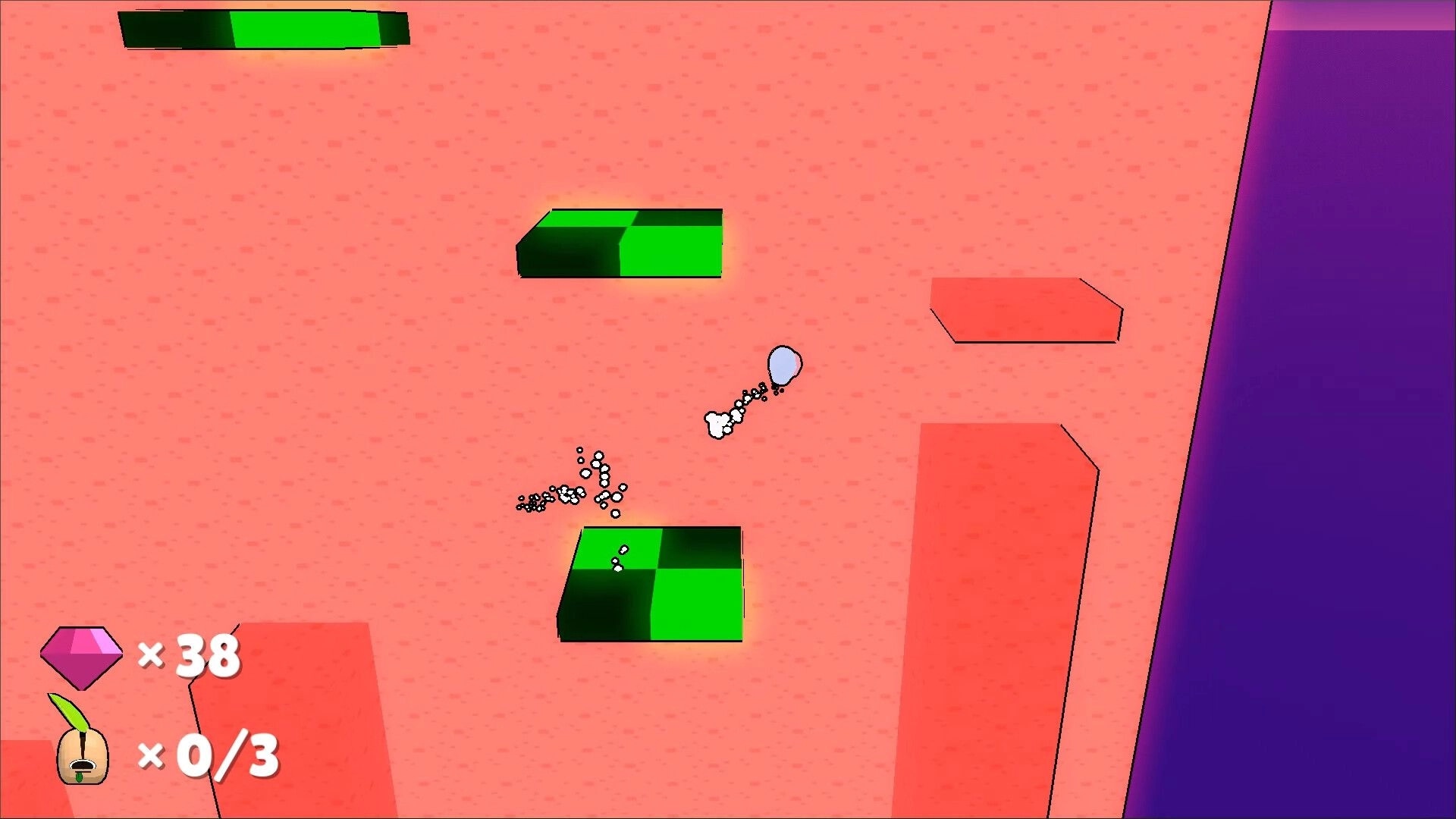 Project Timbre: Timbre jumps between green platforms in a pink area, collecting gems shown on the UI.