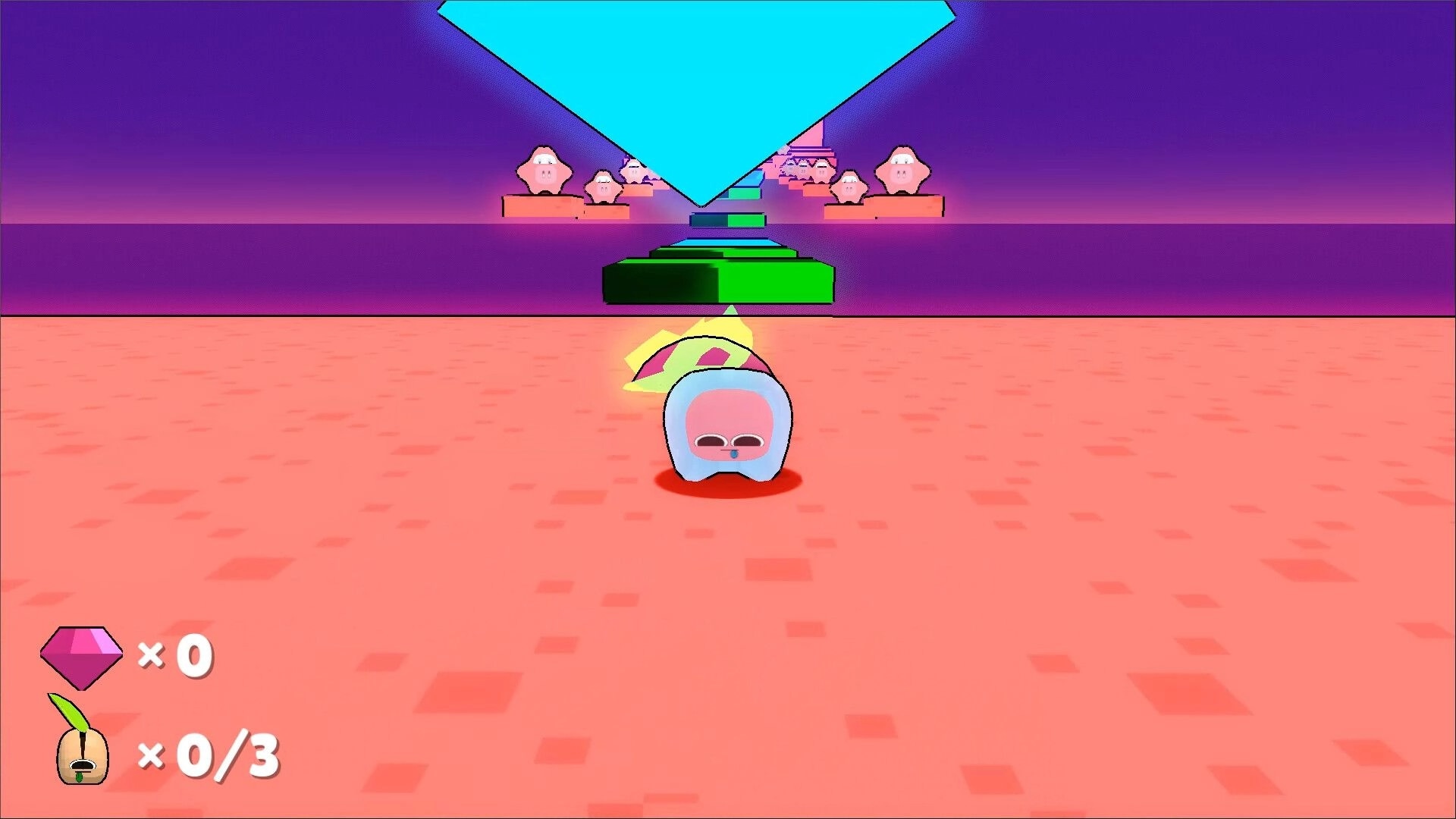 Project Timbre: Timbre moving towards a large blue gem with enemy platforms in a vibrant, colorful arena
