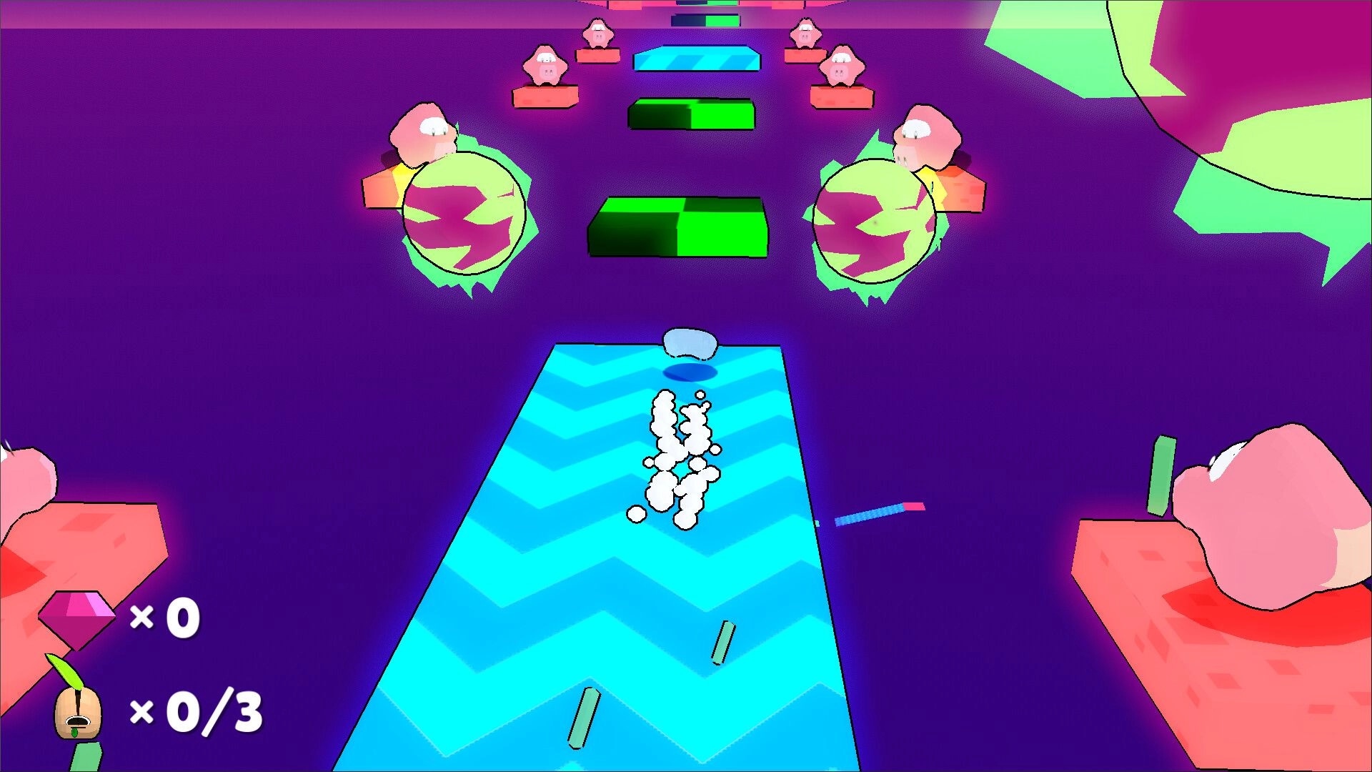 Project Timbre: Timbre dashes across a zigzag path avoiding enemies in a colorful, abstract landscape.