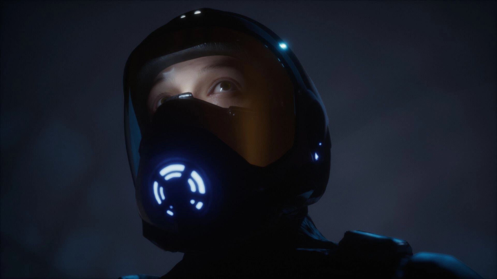 Project Vesperi: Dr. Evelyn Roth in a futuristic helmet, staring upward in a dimly lit environment.