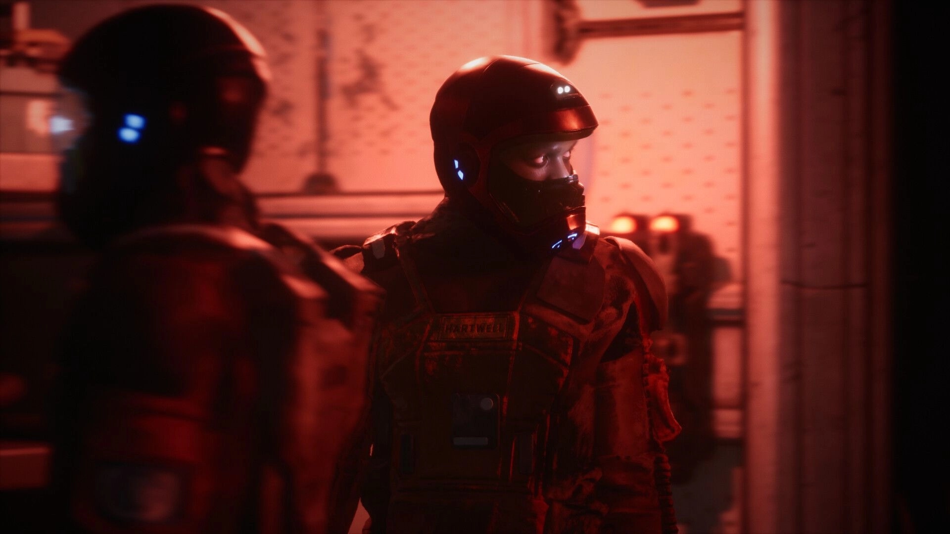Project Vesperi: Two astronauts in dimly lit station corridor, wearing helmets and advanced suits