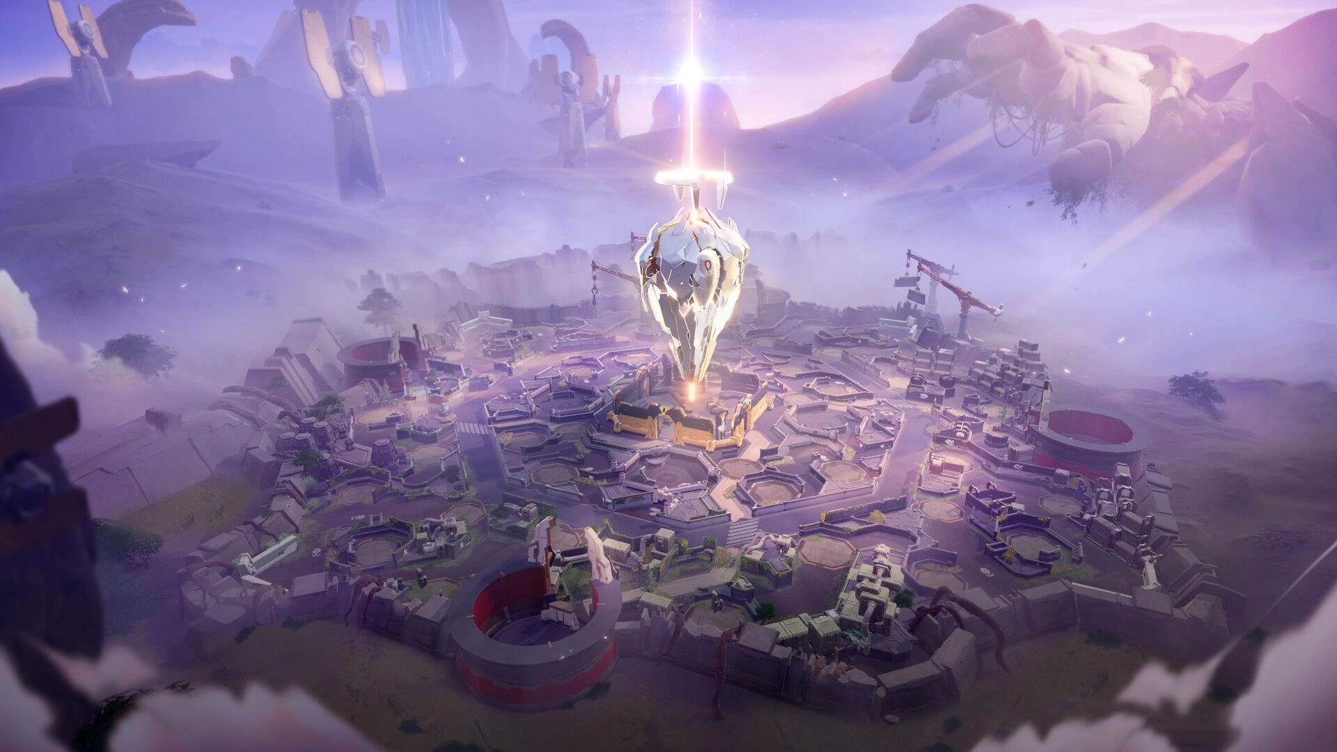 Project ZETA: Aerial view of a circular arena with a glowing crystal spire amid misty desert ruins.