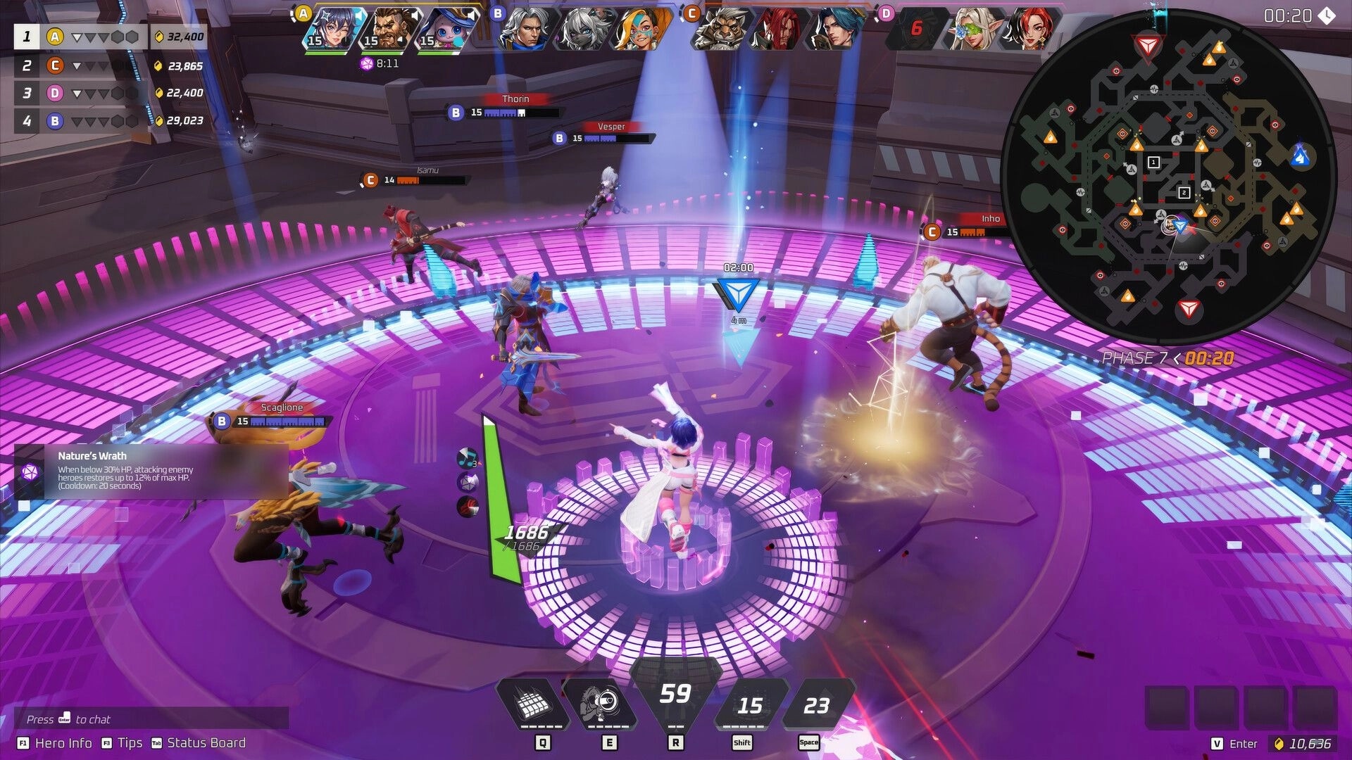 Project ZETA: Heroes clash on a glowing capture point with minimap and phase timer in futuristic arena.