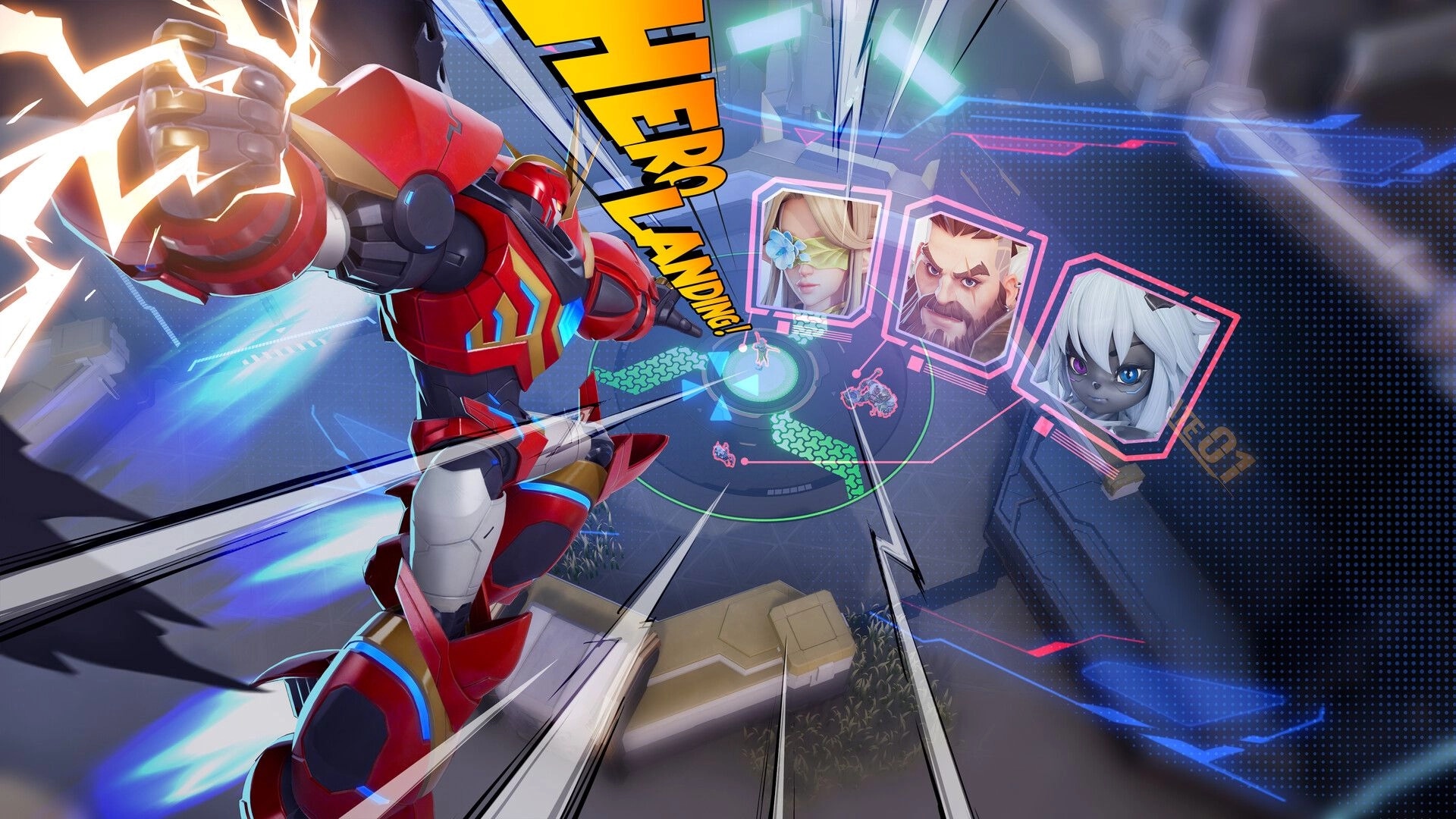 Project ZETA: Armored hero strikes with electric fist as enemy portraits highlight on holographic map UI.
