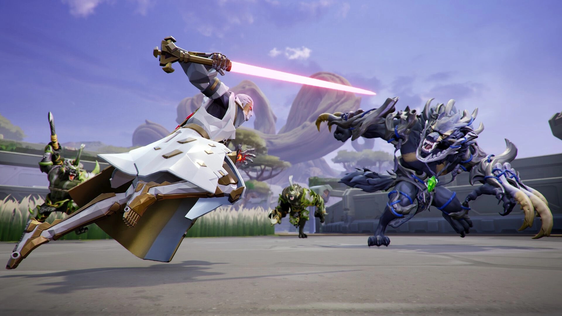 Project ZETA: Armored hero swings glowing sword at clawed beast on open arena platform under sky.