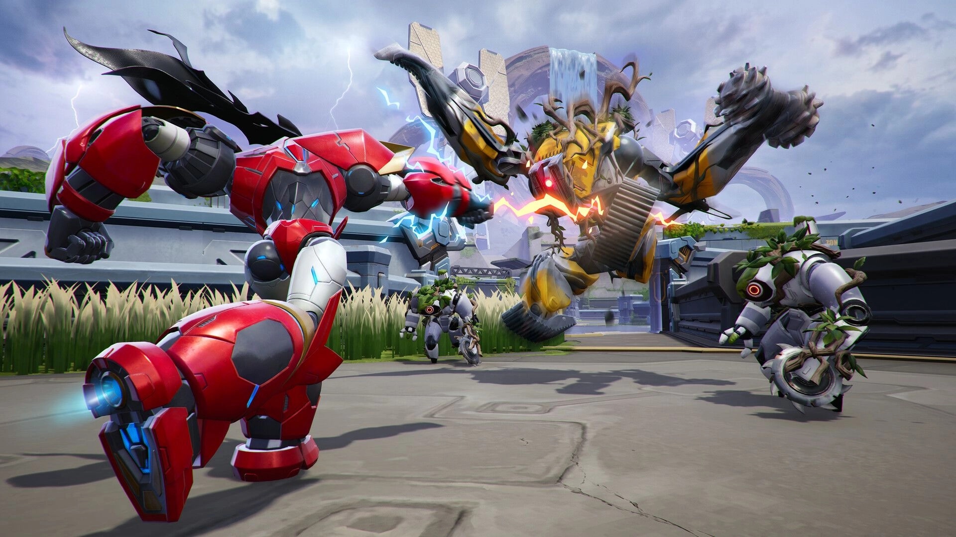 Project ZETA: Red mech punches a flying robot enemy in a futuristic arena with grass and ruins.