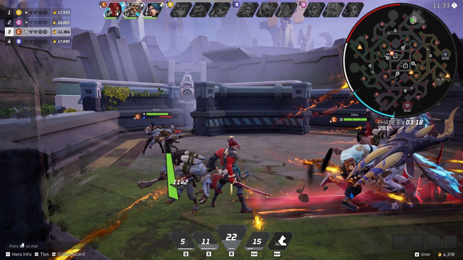 Project ZETA: Melee brawl with three heroes trading slashes in a sci-fi arena, minimap and phase timer UI.