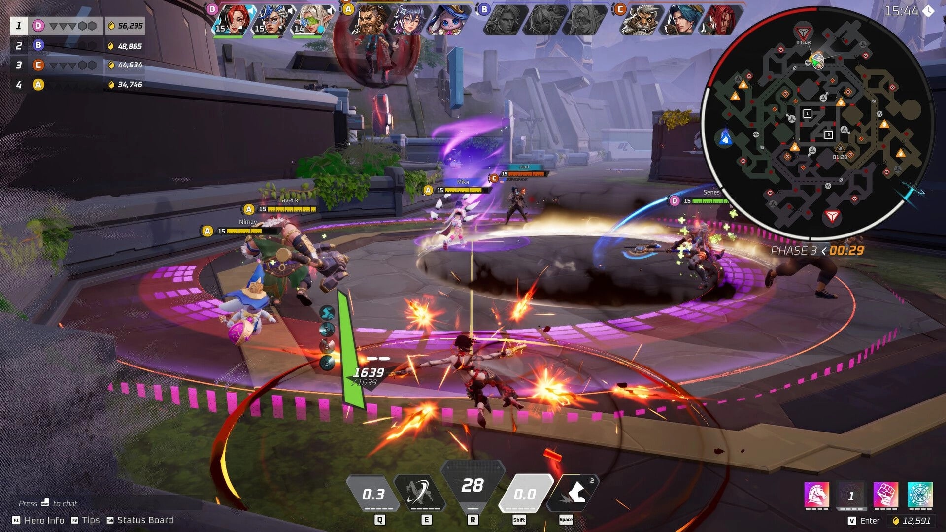 Project ZETA: Multi-team brawl on a capture zone with ability effects and large minimap in arena.