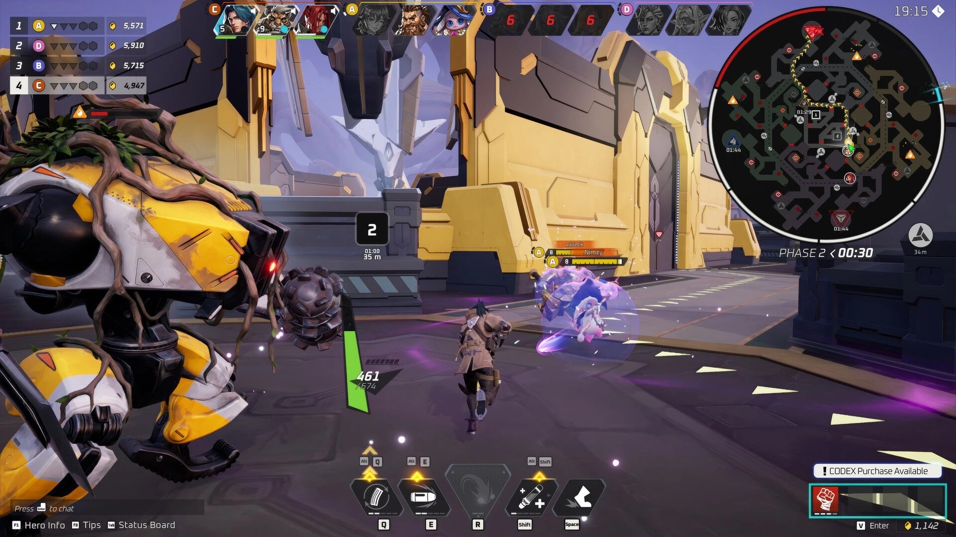 Project ZETA: Player chases enemies with purple shield effects in a sci-fi base, minimap and phase timer UI.