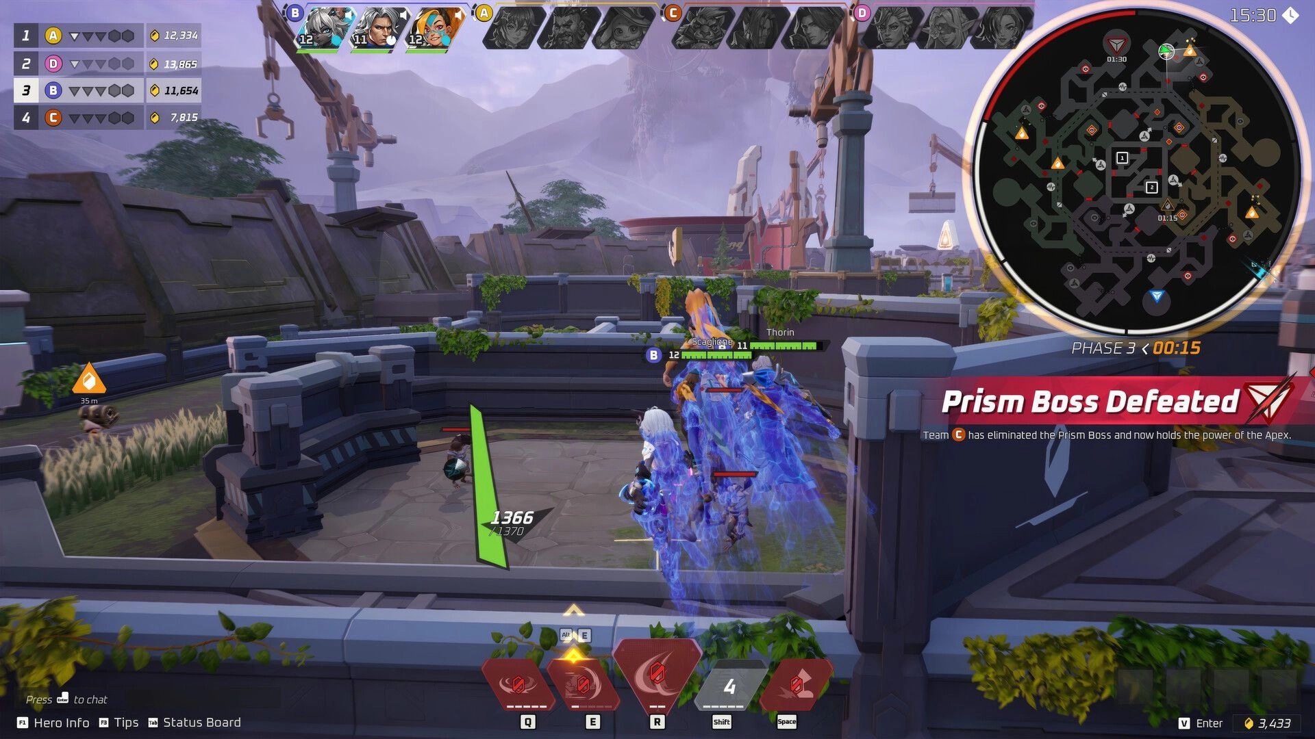 Project ZETA: Player faces a blue prism-armored boss as “Prism Boss Defeated” flashes in arena ruins.