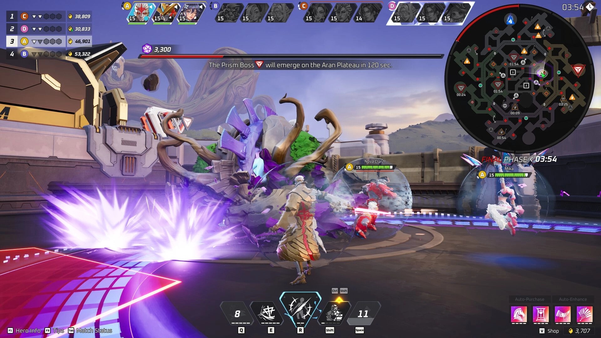 Project ZETA: Team fight near Prism Boss crystal with minimap and Final Phase timer on arena platform.