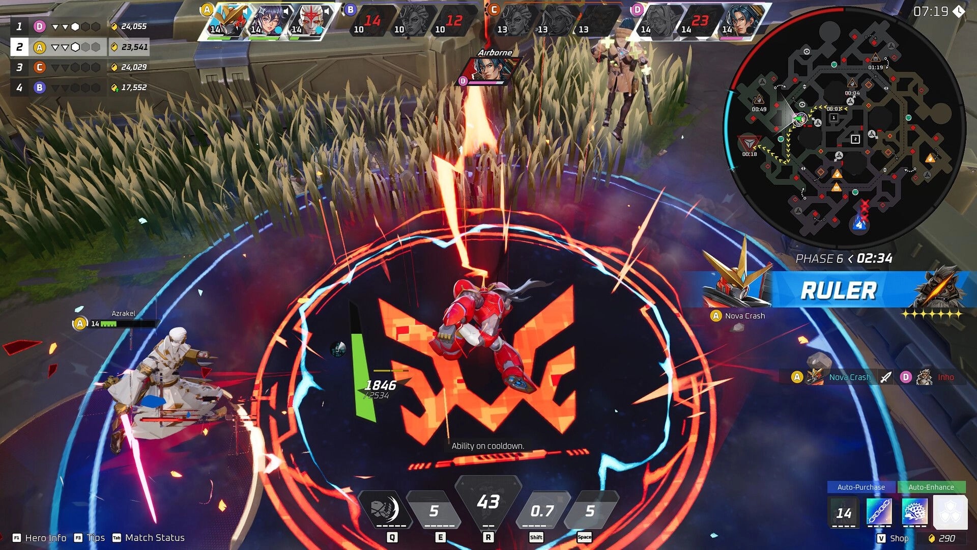 Project ZETA: Hero unleashes fiery AoE strike on foes in grass lane, with minimap and RULER banner UI.