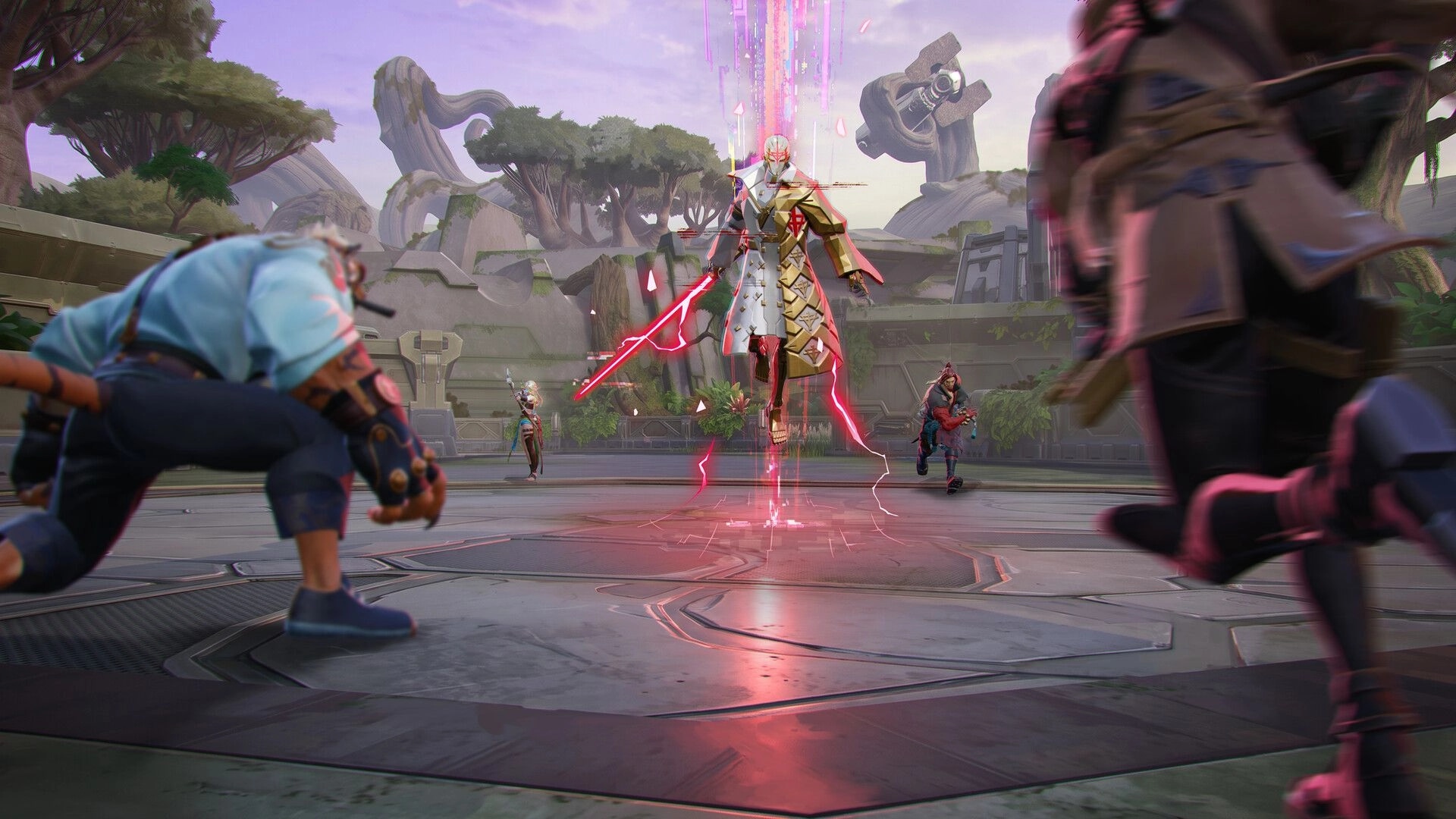 Project ZETA: Four heroes close in on a hovering armored foe with red energy blades in jungle arena.