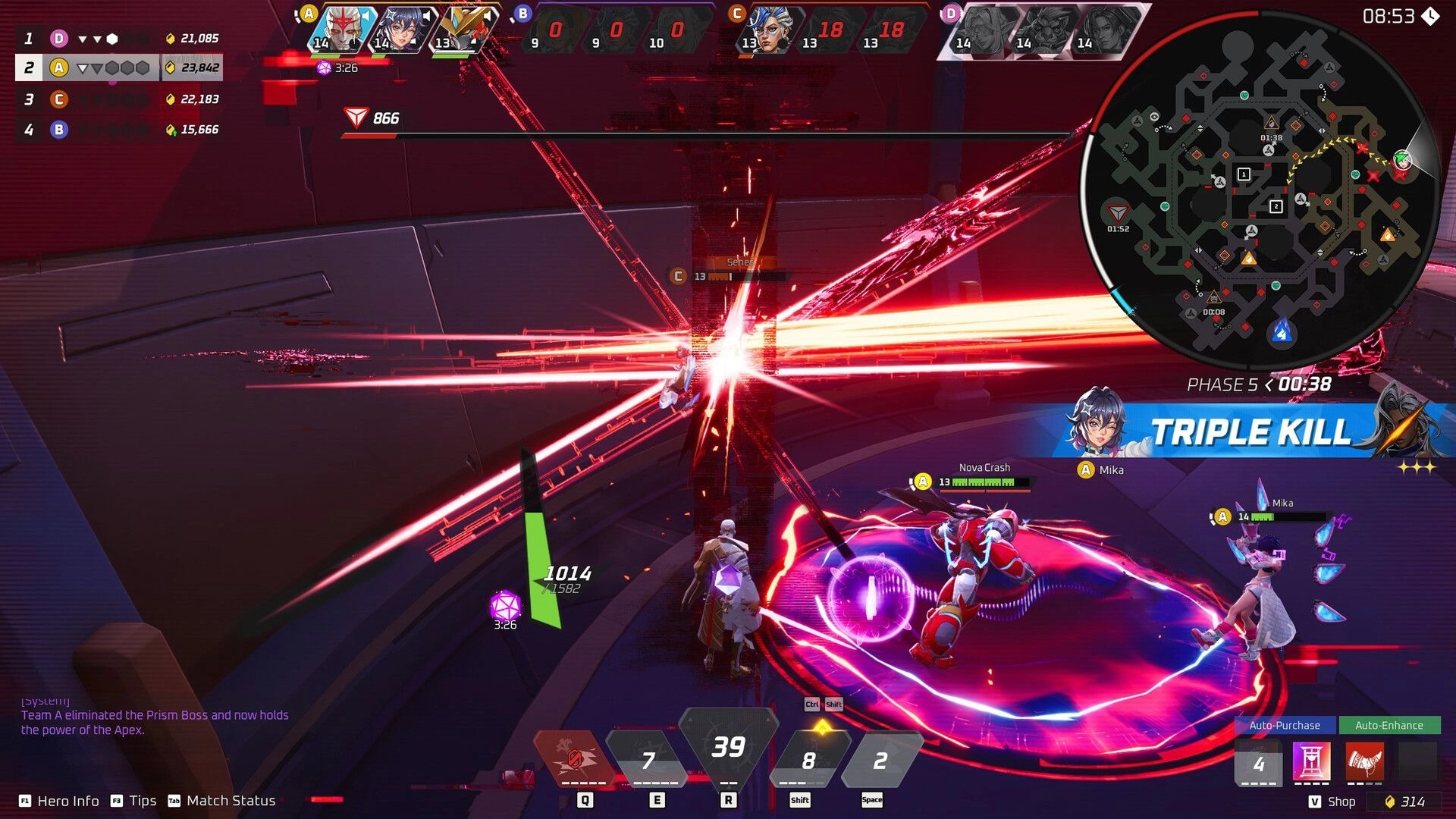 Project ZETA: Triple Kill banner during laser blast fight in neon arena, minimap and phase timer UI visible.