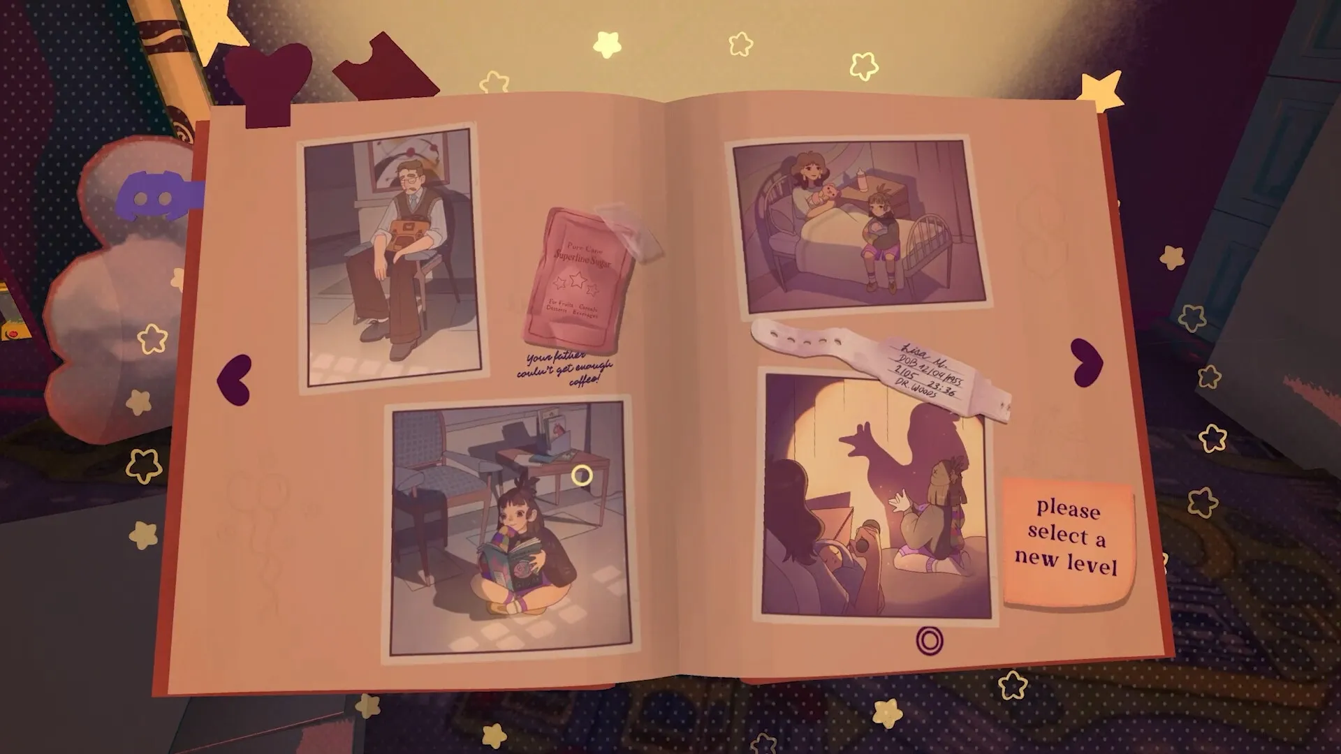 Projected Dreams: Open scrapbook with family photos and shadow puppets in a cozy room setting