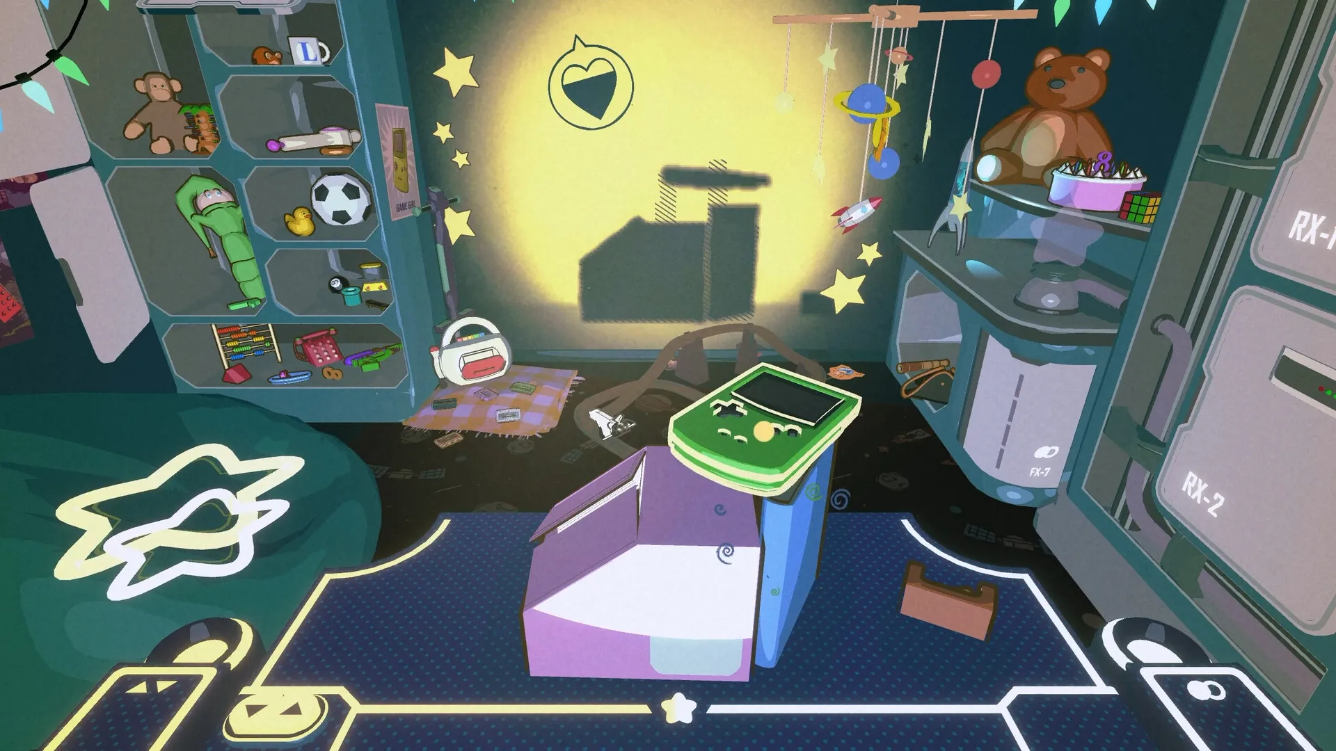 Projected Dreams: Arrange toys on a table to create shadow play in a cozy room with shelves and decor.