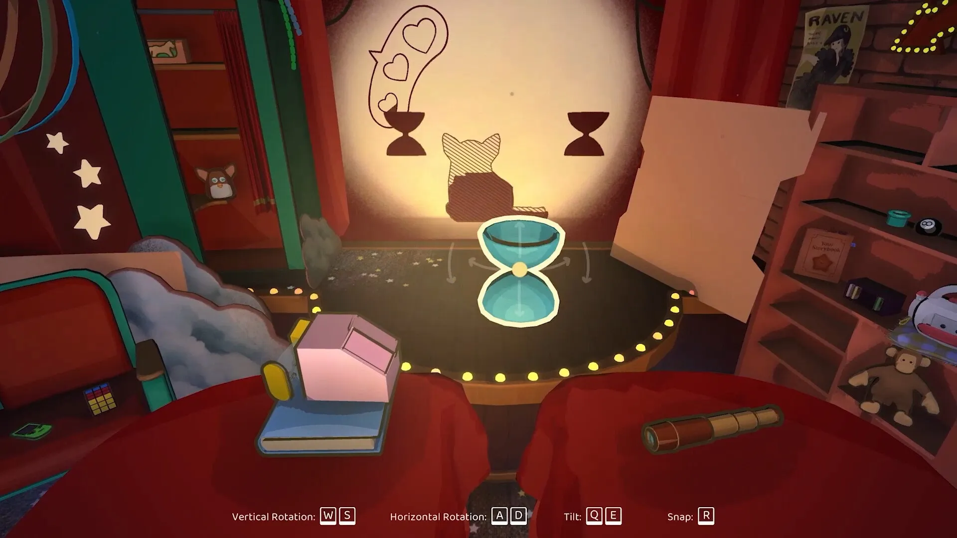 Projected Dreams: Shadow play with a cat figure and hourglass in a cozy room with toys on shelves.