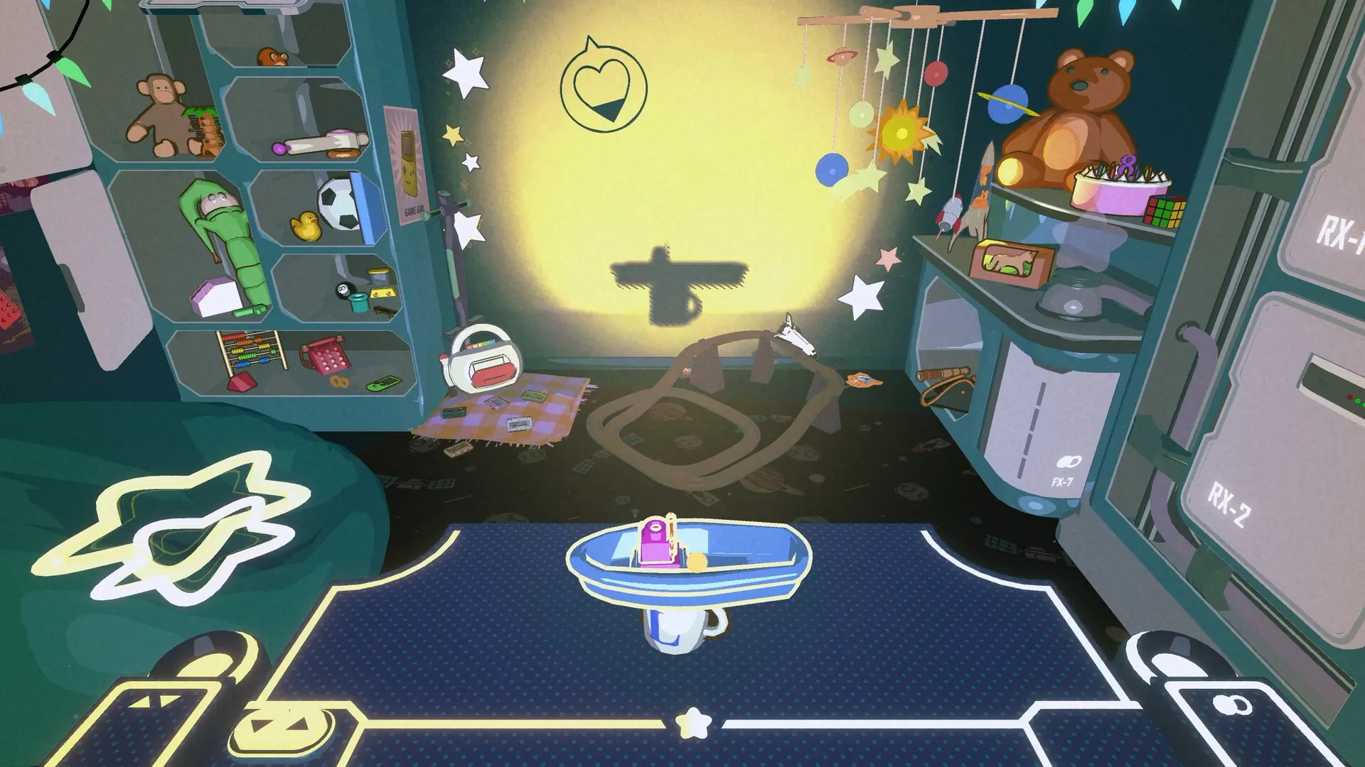 Projected Dreams: Drag toys from shelves to create shadows on a wall in a cozy child's room setting.