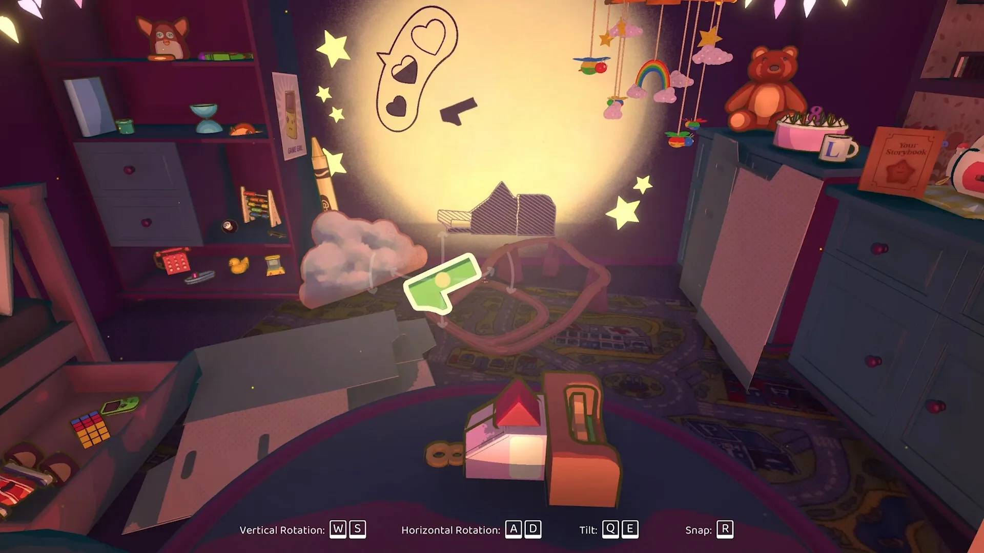 Projected Dreams: Shadow play setup with toys on table in a whimsical, star-lit child's bedroom.
