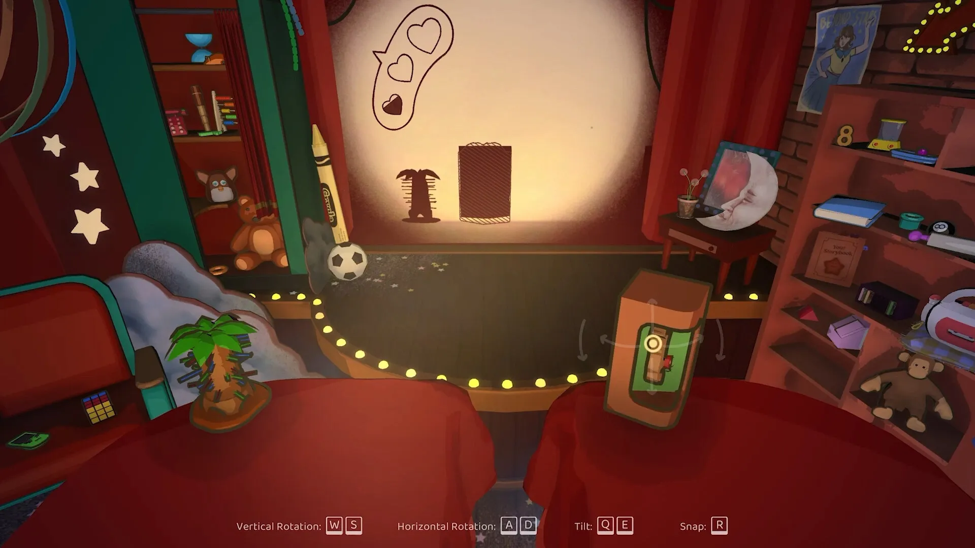 Projected Dreams: Toy shelves and shadow play setup in a colorful room with cozy, playful decor.