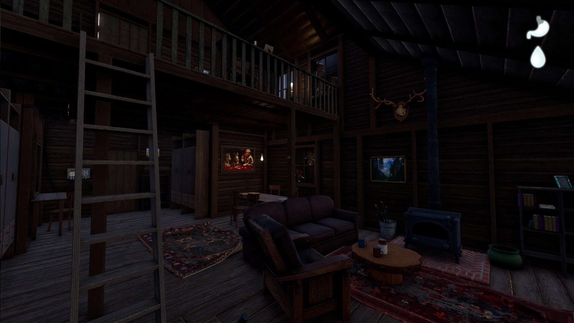 Prologue: Cozy cabin interior with wooden furniture and a ladder leading to a loft area