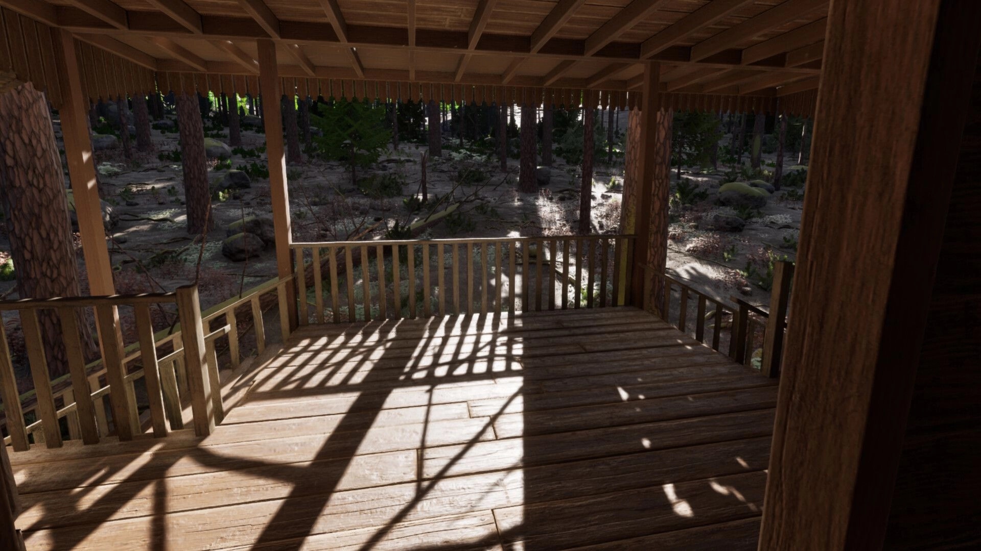 Prologue: Wooden porch overlooking a sun-dappled forest clearing with dense trees and undergrowth