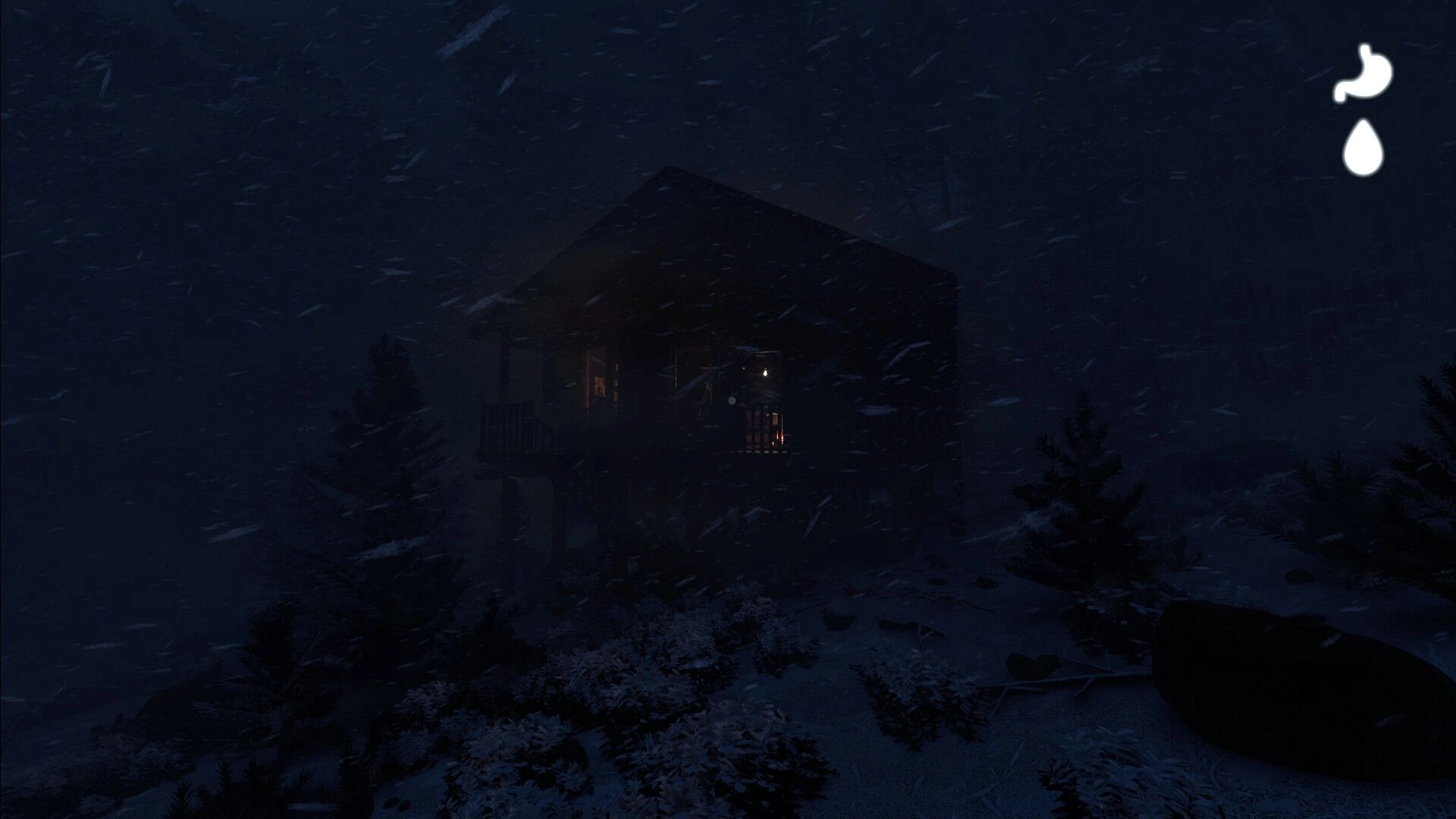Prologue: Cabin illuminated in snowy forest with UI hunger and thirst icons visible.