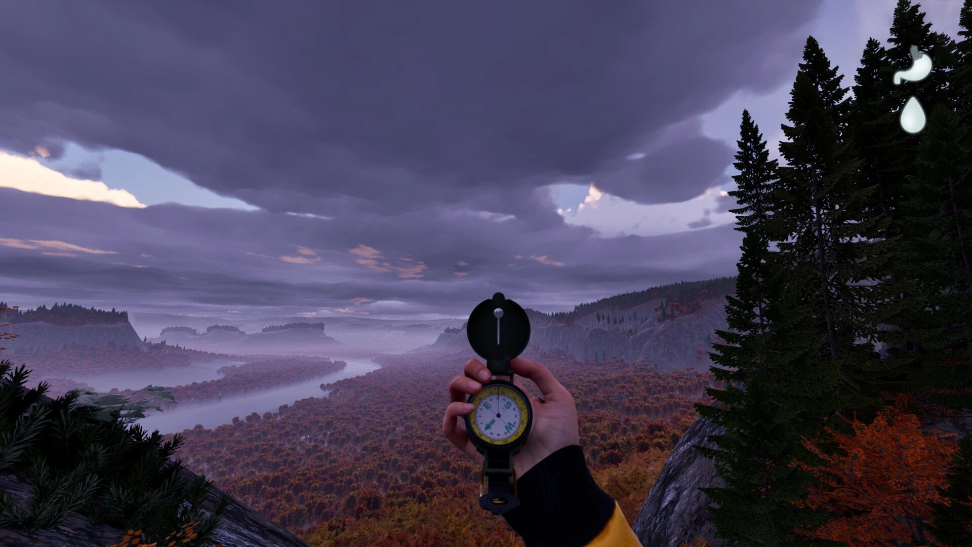 Prologue: Hand holding compass over vast, misty valley landscape with cloudy sky and forested hills