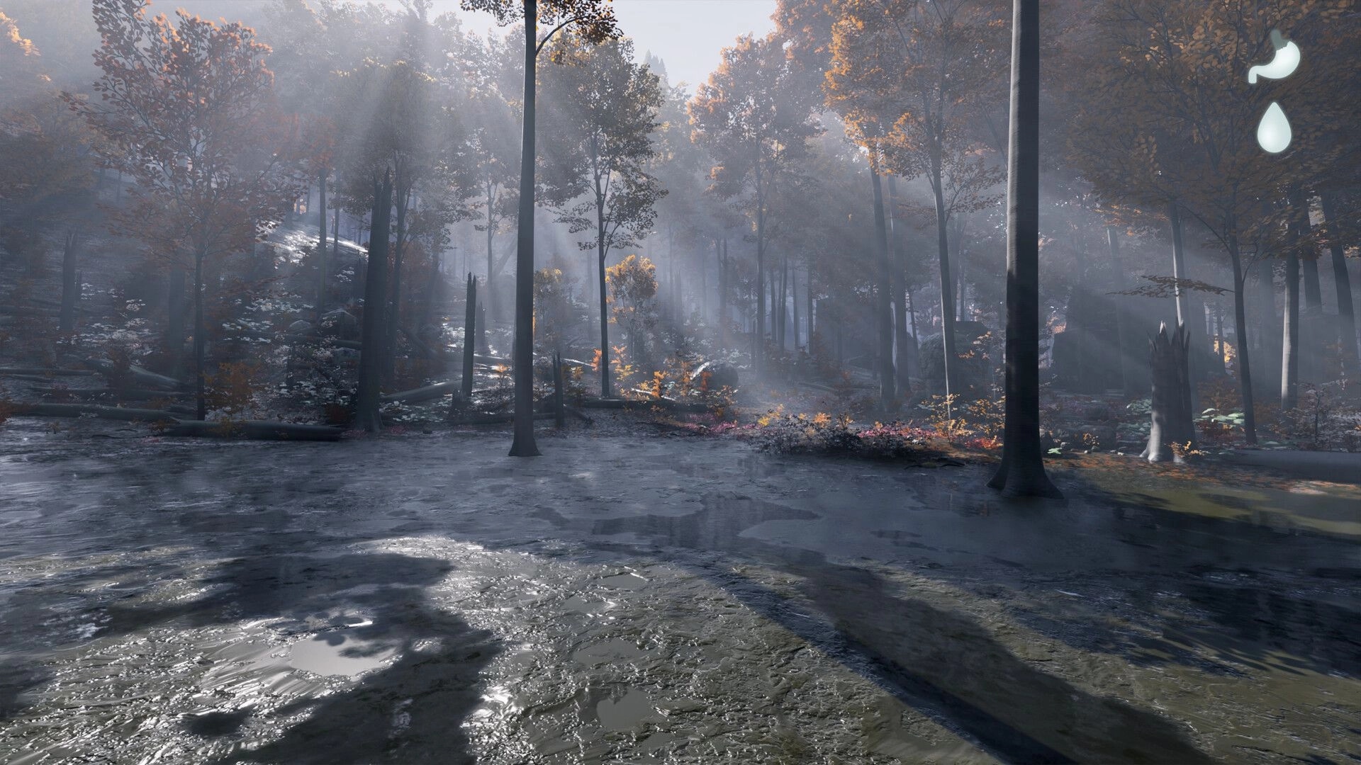 Prologue: Sunlit forest with misty atmosphere and water droplet icons on screen, suggesting survival elements.